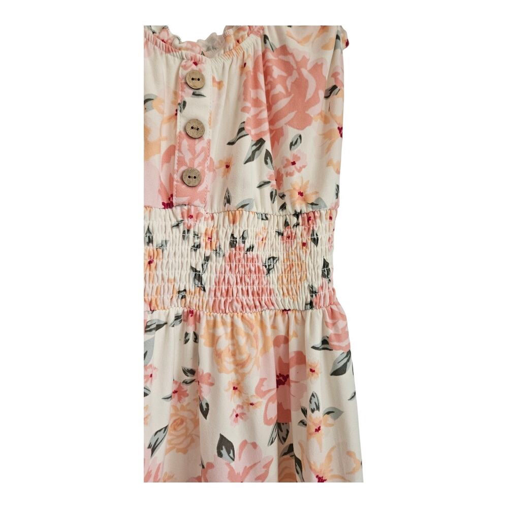 No Boundaries Mini Dress Size XS Cream Pink Floral Stretch Ruffles Smocked Waist - Picture 4 of 10